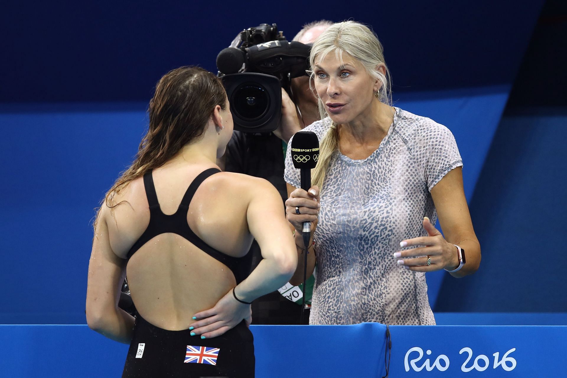 Sharron Davies (R) interviews Chloe Tutton at the 2016 Rio Olympic Games.
