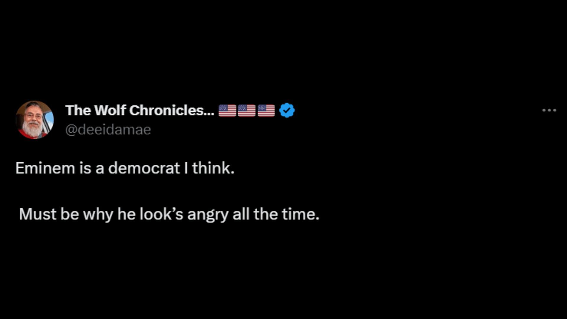 A netizen thinks the rapper is always angry because he is a democrat. (Image via X/The Wolf Chronicles)