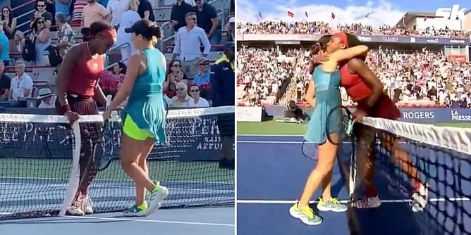 Hilarious scenes at Canadian Open as Coco Gauff trips and almost falls over the net in rush to hug Jessica Pegula after defeat in thrilling clash