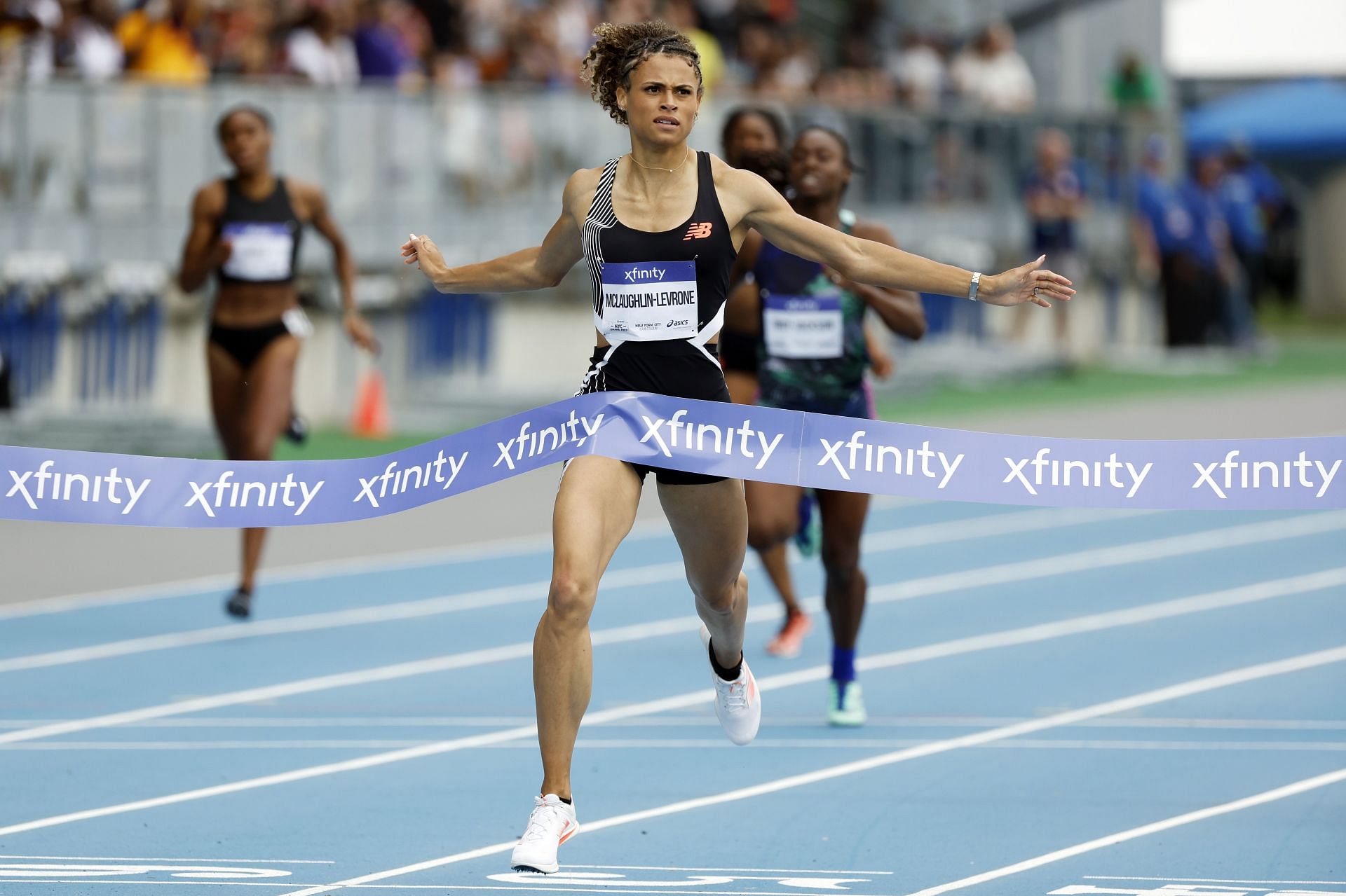 Sydney McLaughlin-levrone reacts after winning the Xfinity women&#039;s 400m during the 2023 USATF NYC Grand Prix at Icahn Stadium on June 24, 2023 in New York City