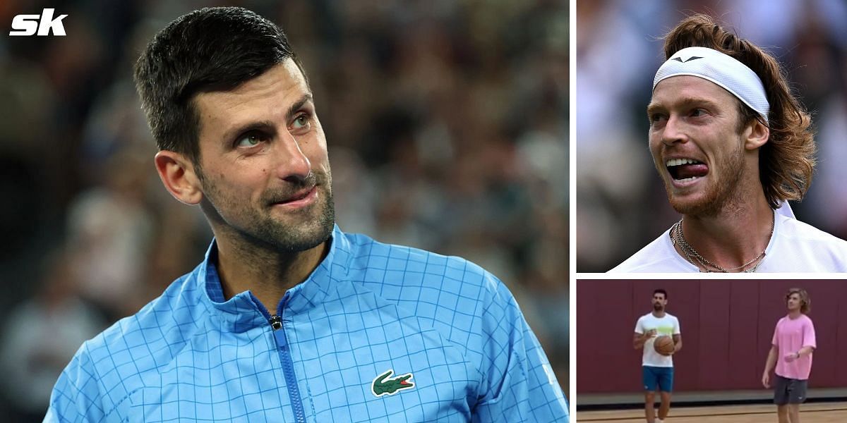 Novak Djokovic plays basketball with Andrey Rublev during Cincinnati Open.