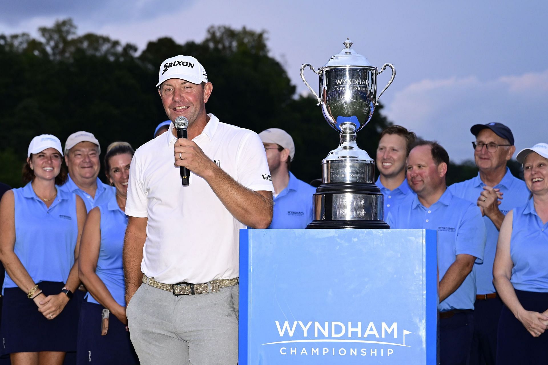 Lucas Glover speaks to the fans after winning the 2023 Wyndham Championship