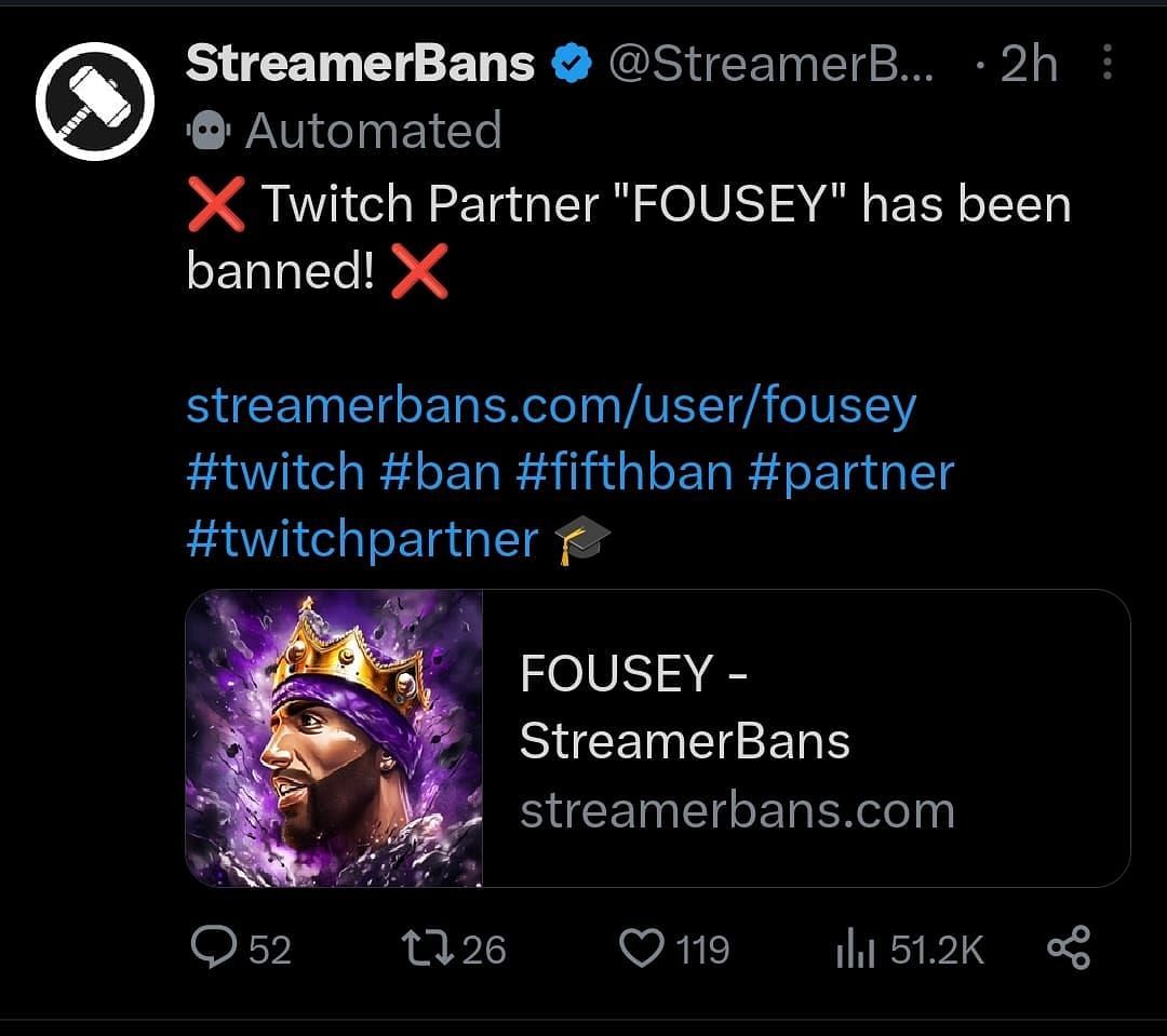 News of &quot;Fousey&quot; getting banned gets circulated (Image via X/StreamerBans)