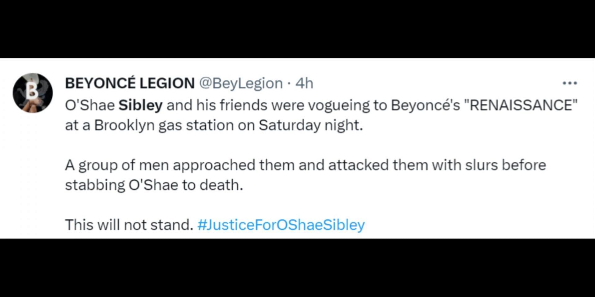 Internet erupts in outrage and calls Sibley&#039;s death a hate crime. (Image via Twitter/@BeyLegion)