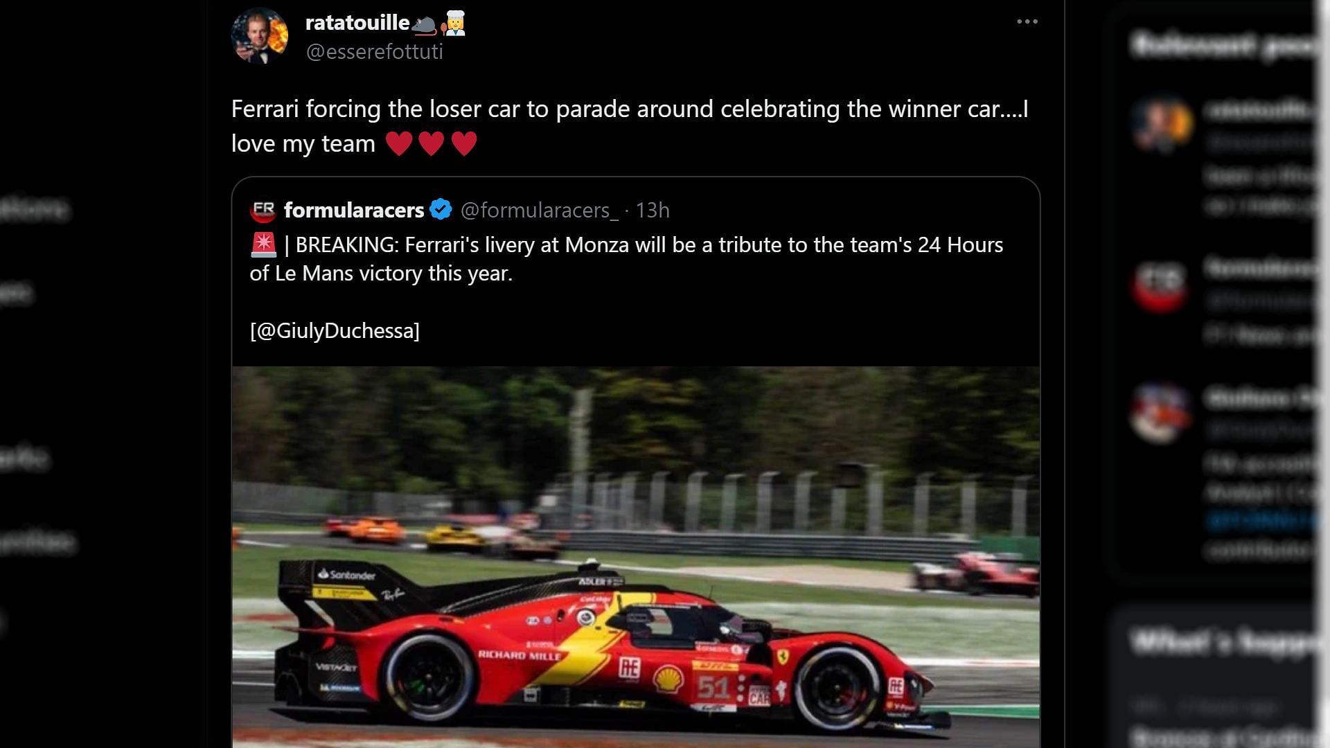 Tweet reacting to Ferrari&#039;s new special livery for F1 to honor Le Mans 2023 victory (Image via Sportskeeda)