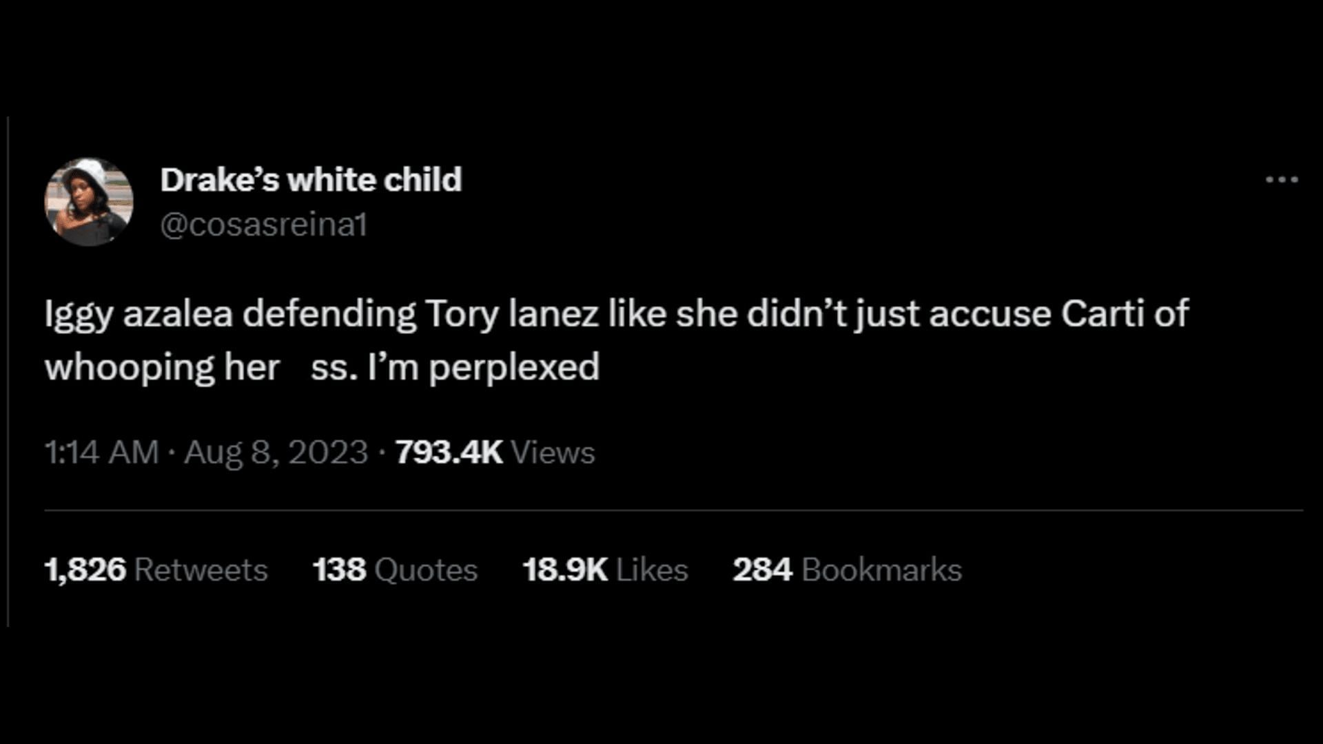 A netizen criticizes Iggy. (Image via Twitter/Drake&#039;s white child)