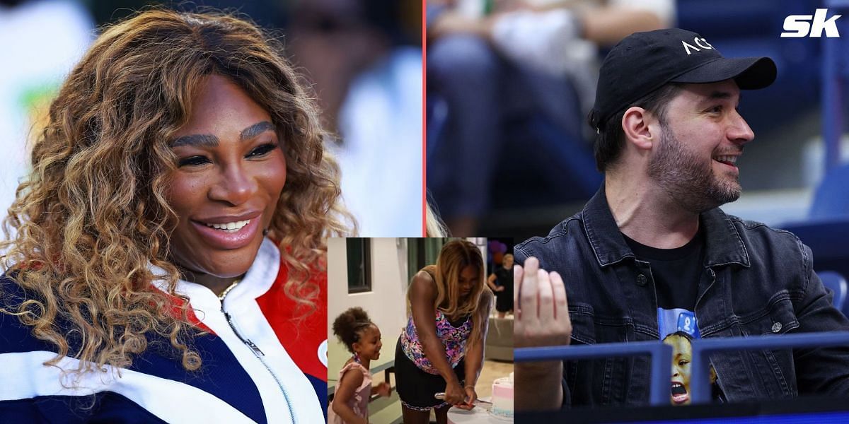Serena Williams (L) with her daughter during the gender reveal (inset) and Alexis Ohanian (R)