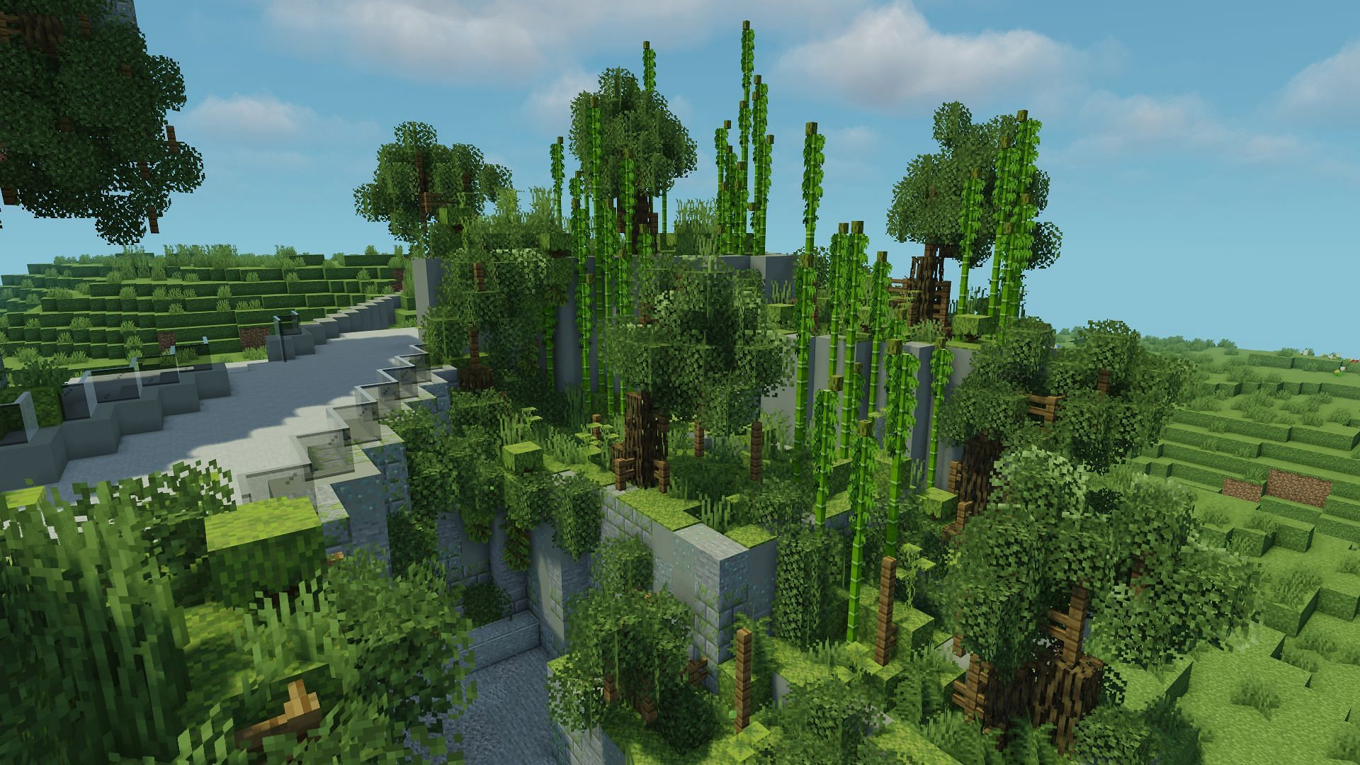 This brutalist Minecraft design creates a garden that has allowed nature to reign supreme (Image via Ahahahhahhaha/Reddit)