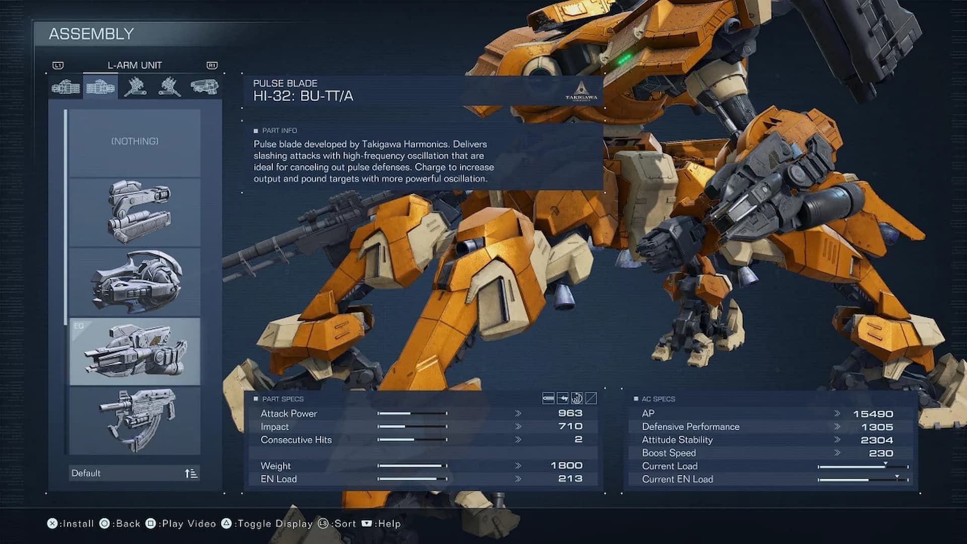 An AC equipped with pulse blade in Armored Core 6