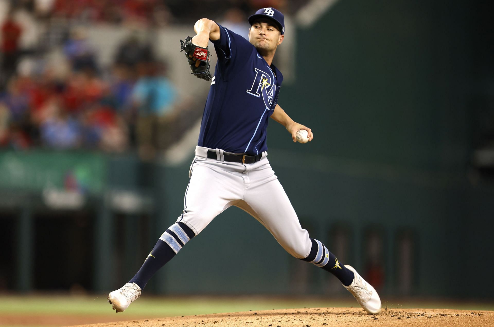 Shane McClanahan of the Tampa Bay Rays pitches against the Texas Rangers in Arlington, Texas
