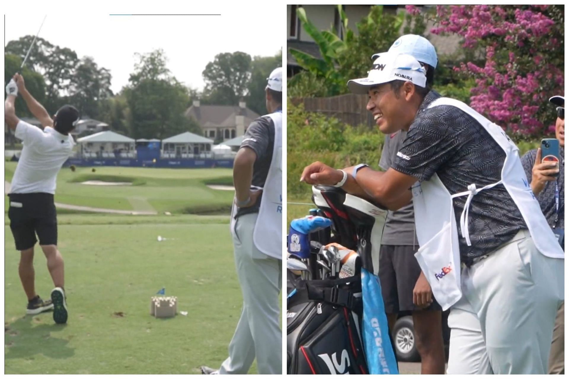 Hideki Matsuyama watches his caddie, Hayafuji attempting a hole in one ahead of the Wyndham Championship