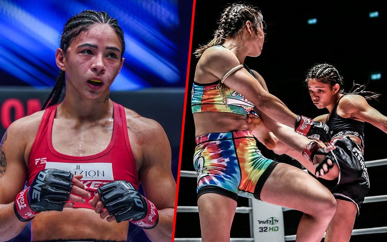 Allycia Hellen Rodrigues (left) and Rodrigues fighting Stamp (right) | Image credit: ONE Championship
