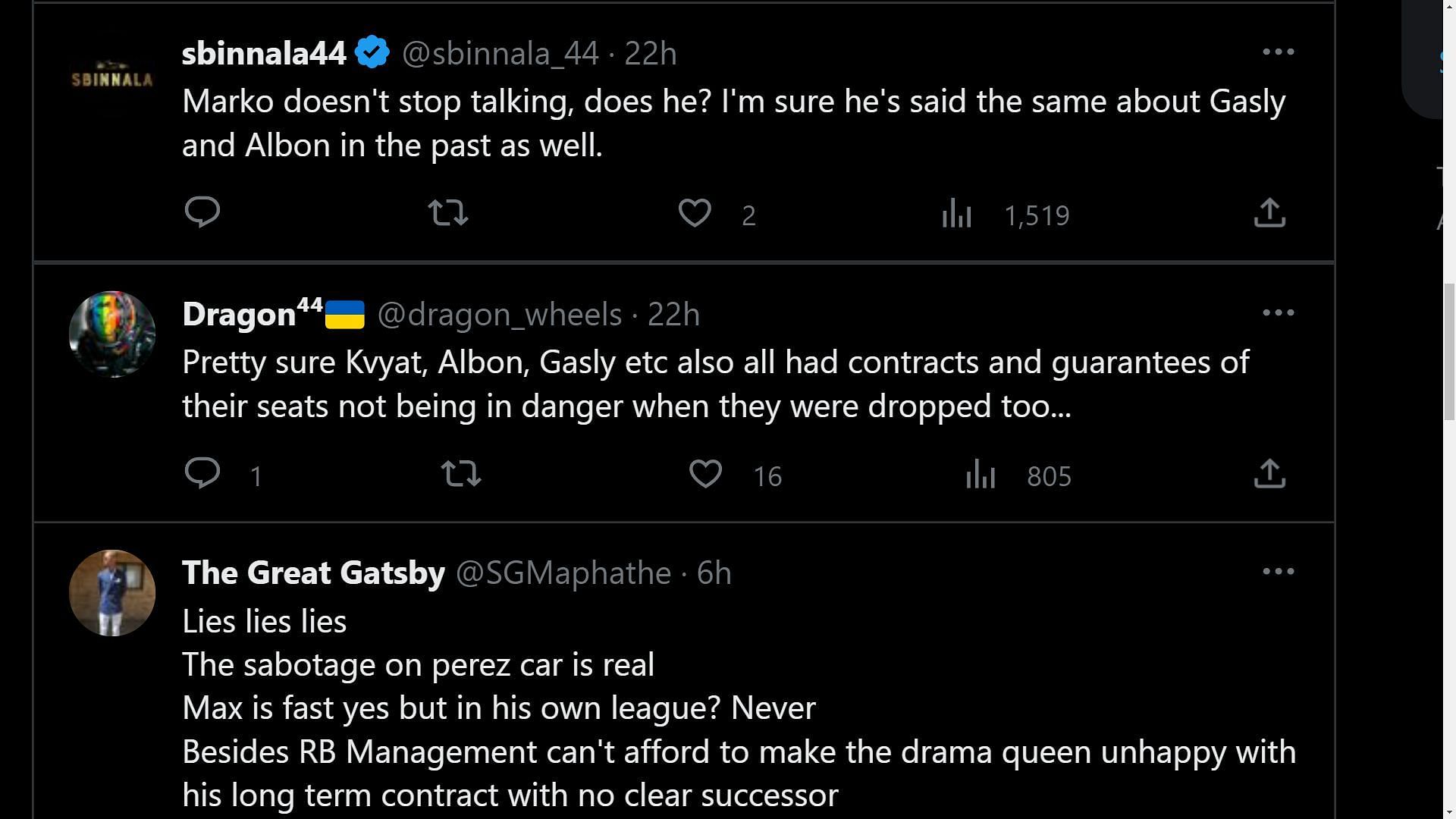 Tweets reacting to Helmut Marko&#039;s comments on Checo (Image via Sportskeeda)
