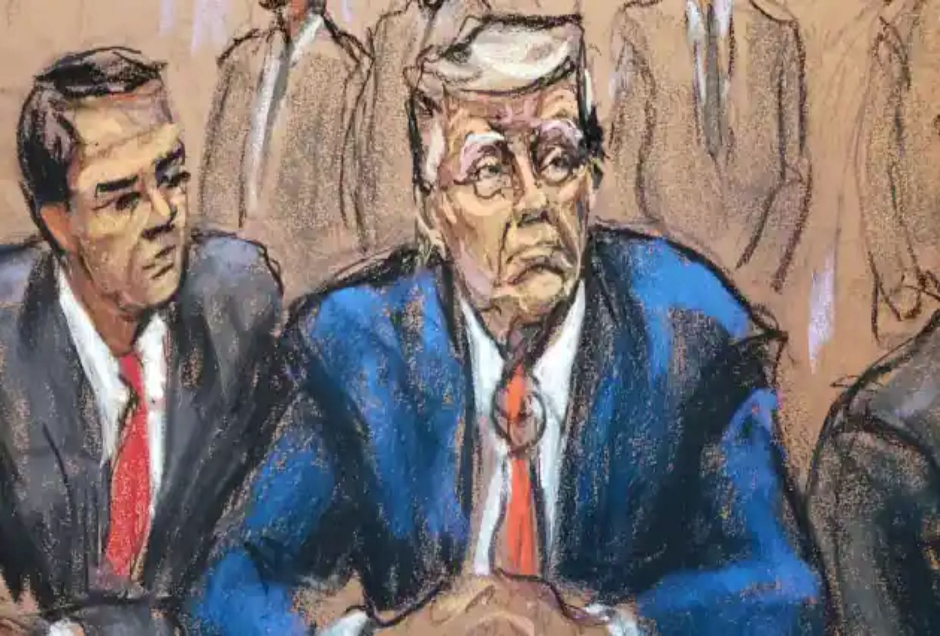 Court sketch of Donald Trump&#039;s court hearing, 3 August 2023 (Image via CNBC).