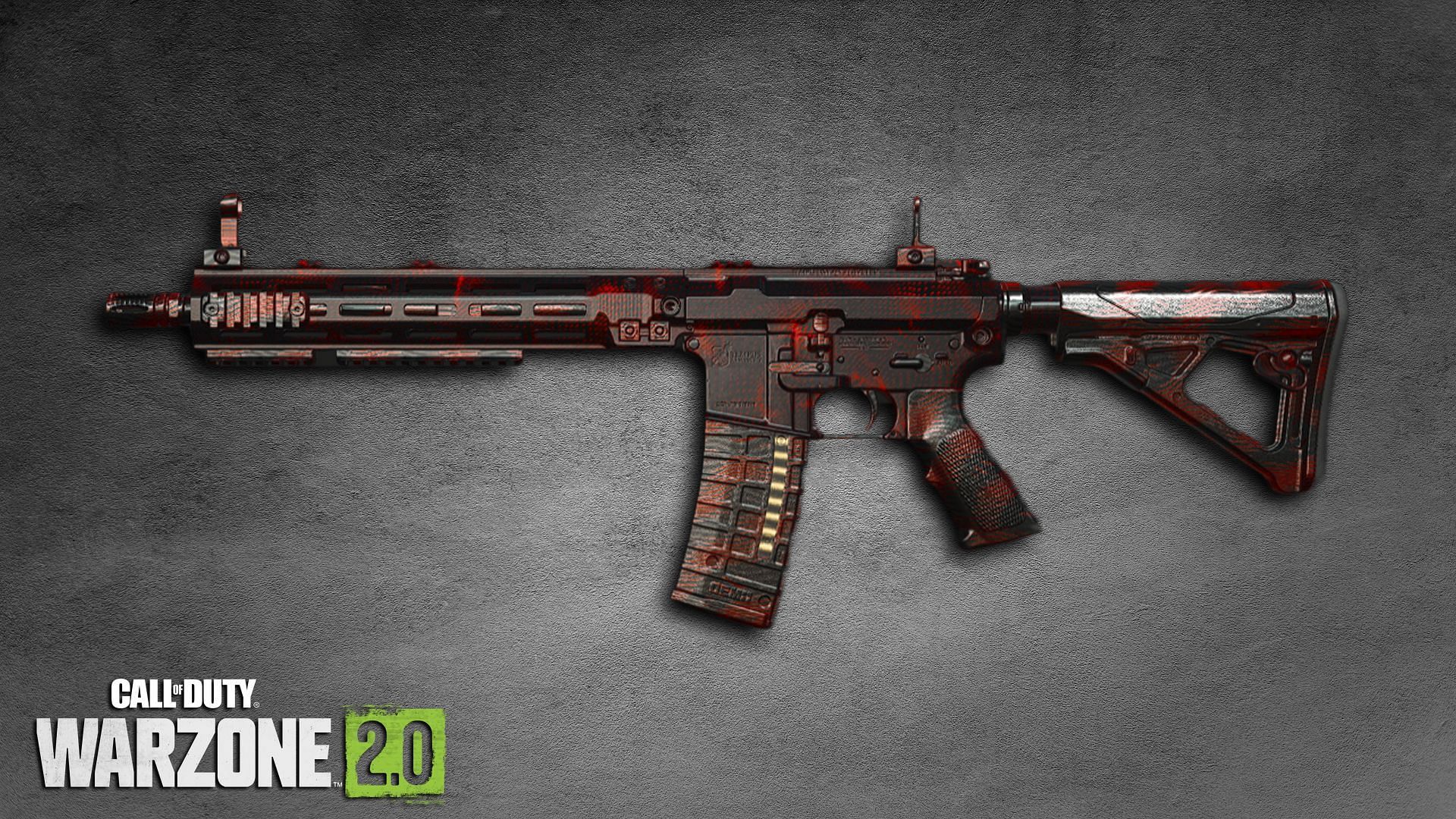 A M4 Assault Rifle equipped with the Blood Cell camo and a Warzone 2 logo placed at the bottom left corner of the image.