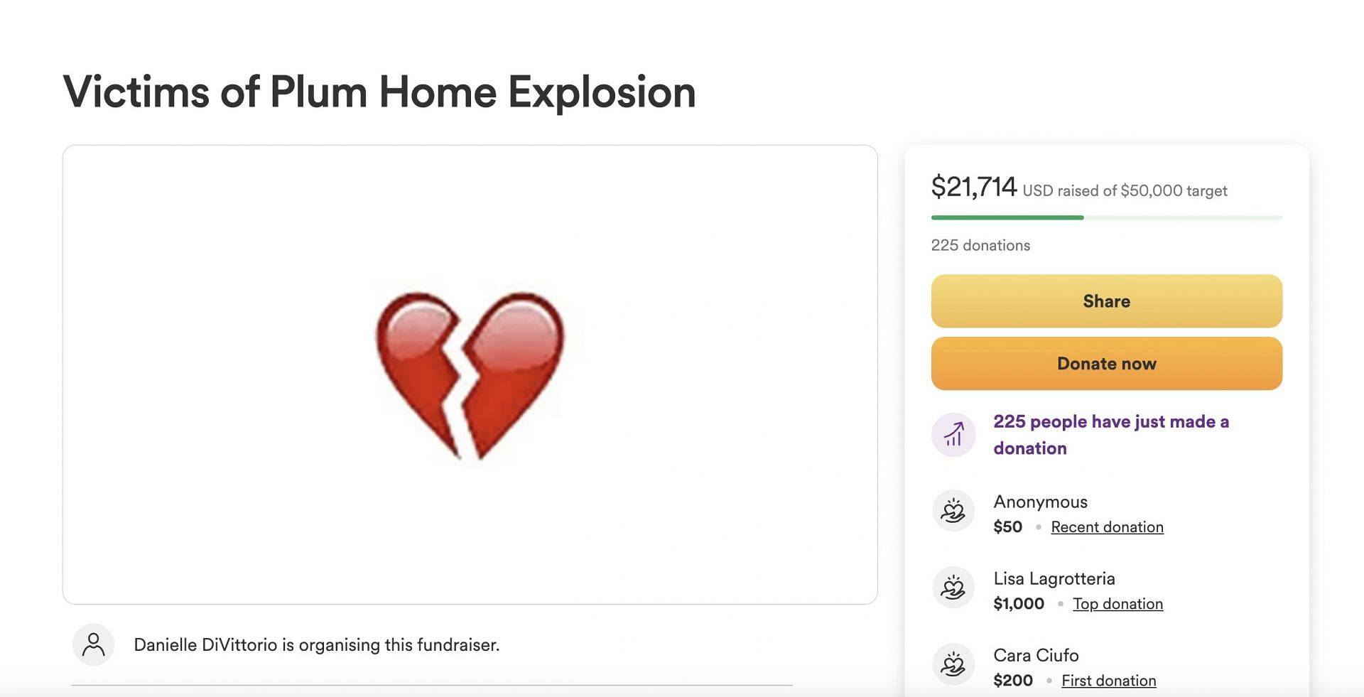 225 people have donated to help those affected by the Plum House explosion in Pennsylvania. (Image via GoFundMe)