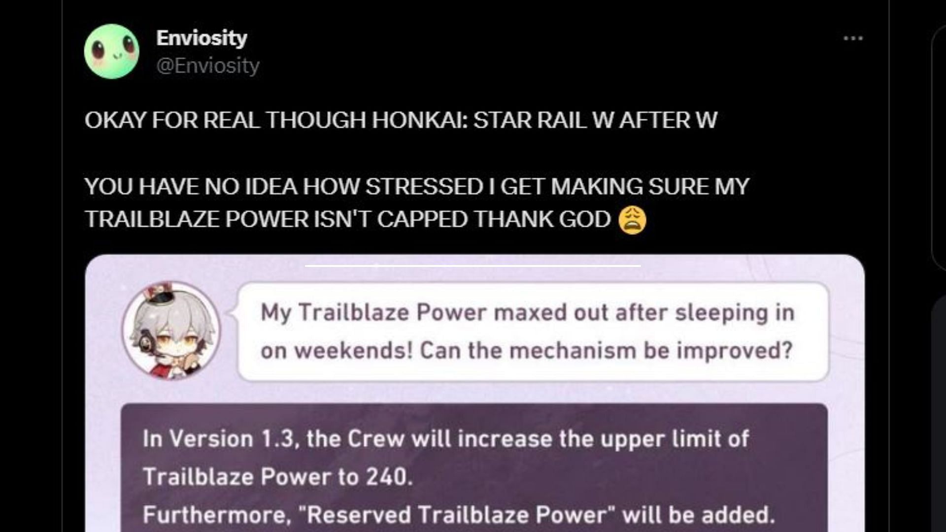 Enviosity gets stressed about reaching the Trailblaze Power cap in Honkai Star Rail (Image via Twitter/Enviosity)