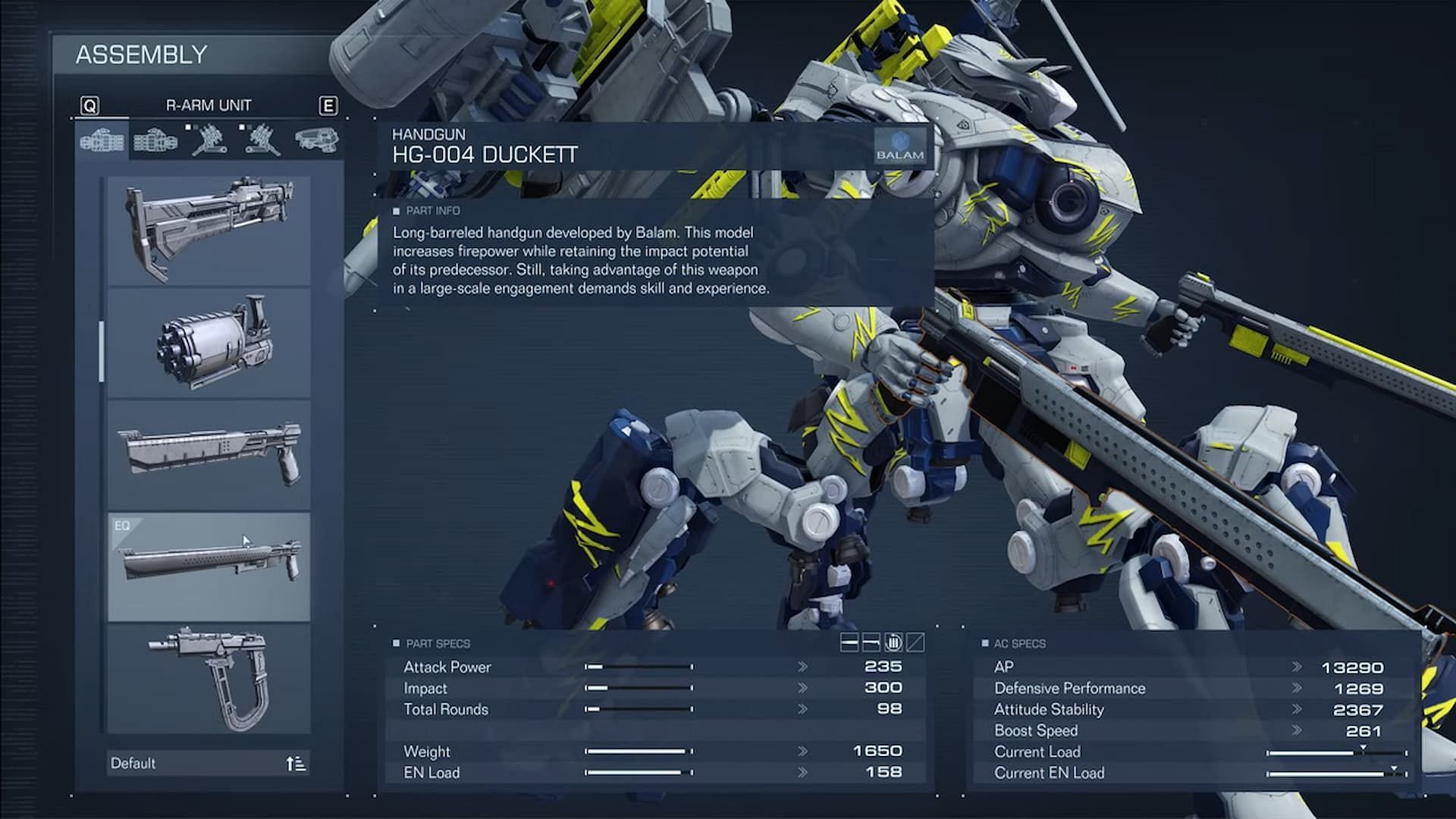 The DUCKETT handgun is suitable for this Armored Core 6 tetrapod build (Image via FromSoftware)