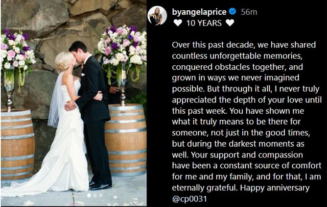 "Eternally grateful" - Carey Price's wife Angela pens a heartwarming message to celebrate their 10th anniversary