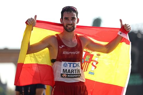 Gold medalist Alvaro Martin of Team Spain celebrates after winning the Men's 35 Kilometres Race Walk Final during Day 6 of the World Athletics Championships Budapest 2023