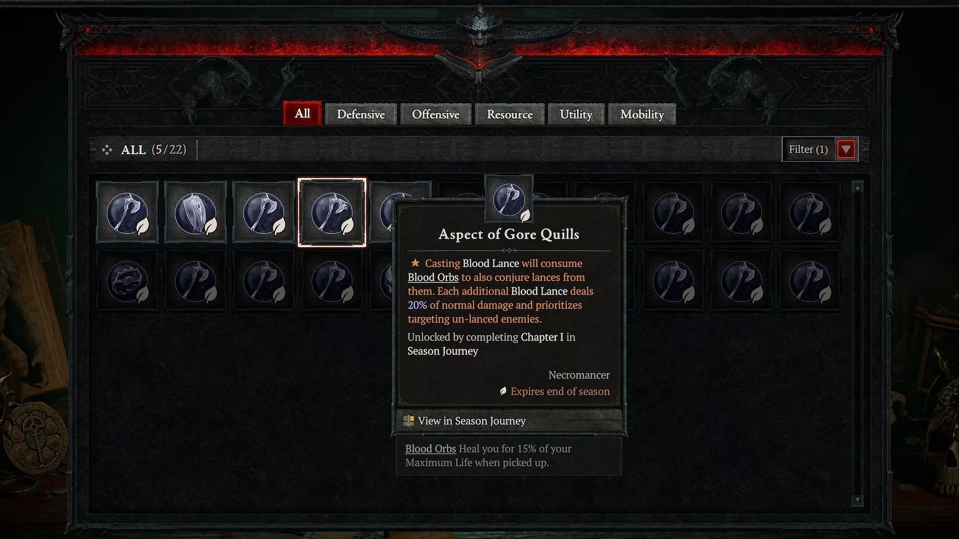 Aspect of Gore Quills is ideal for players who use Blood Lance (Image via Diablo 4/Blizzard Entertainment)