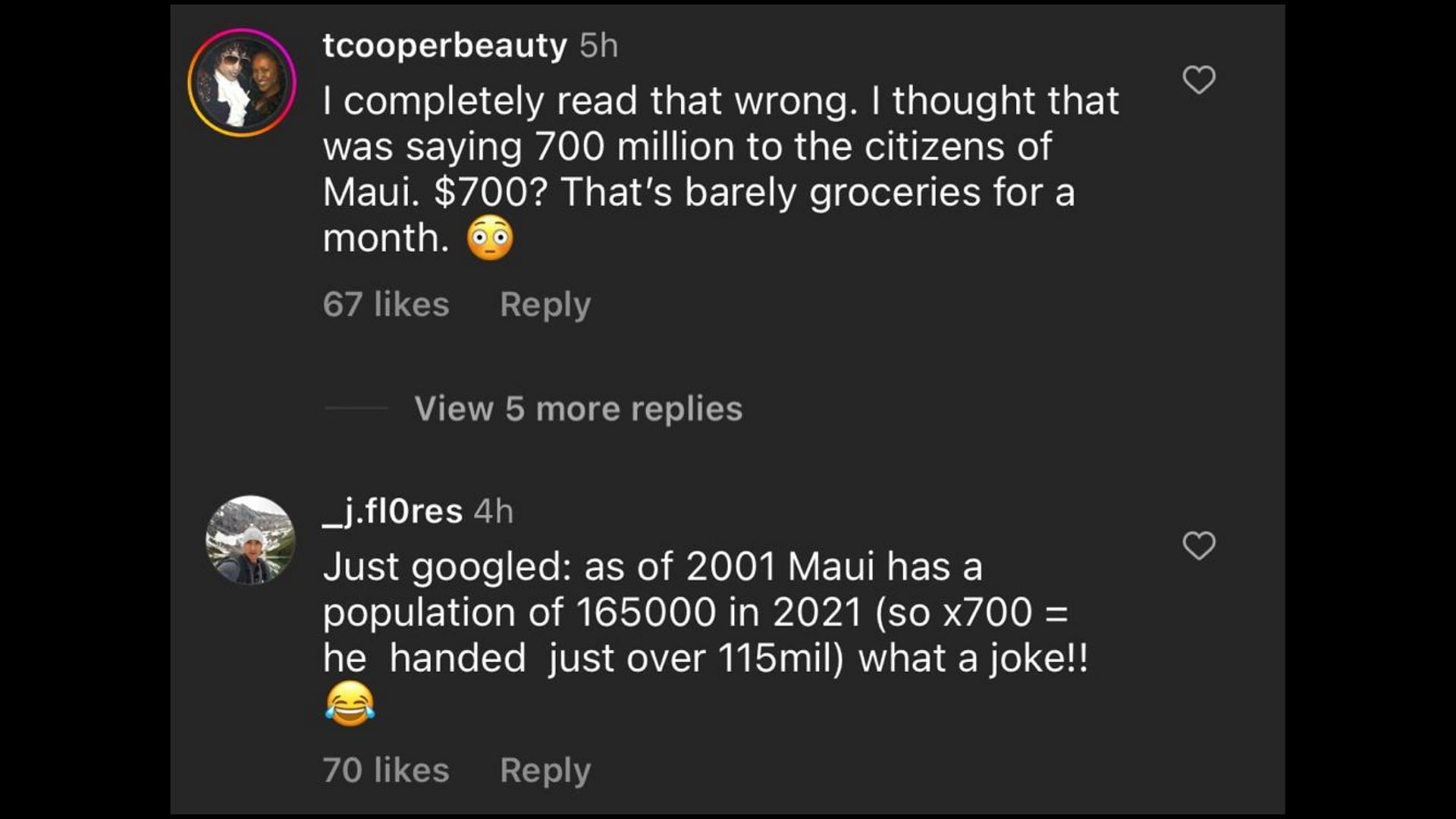 Screenshot of Internet users remarking on Biden&#039;s economic relief package amount for Maui wildfires survivors. (Photo via @The Shade Room/Instagram)