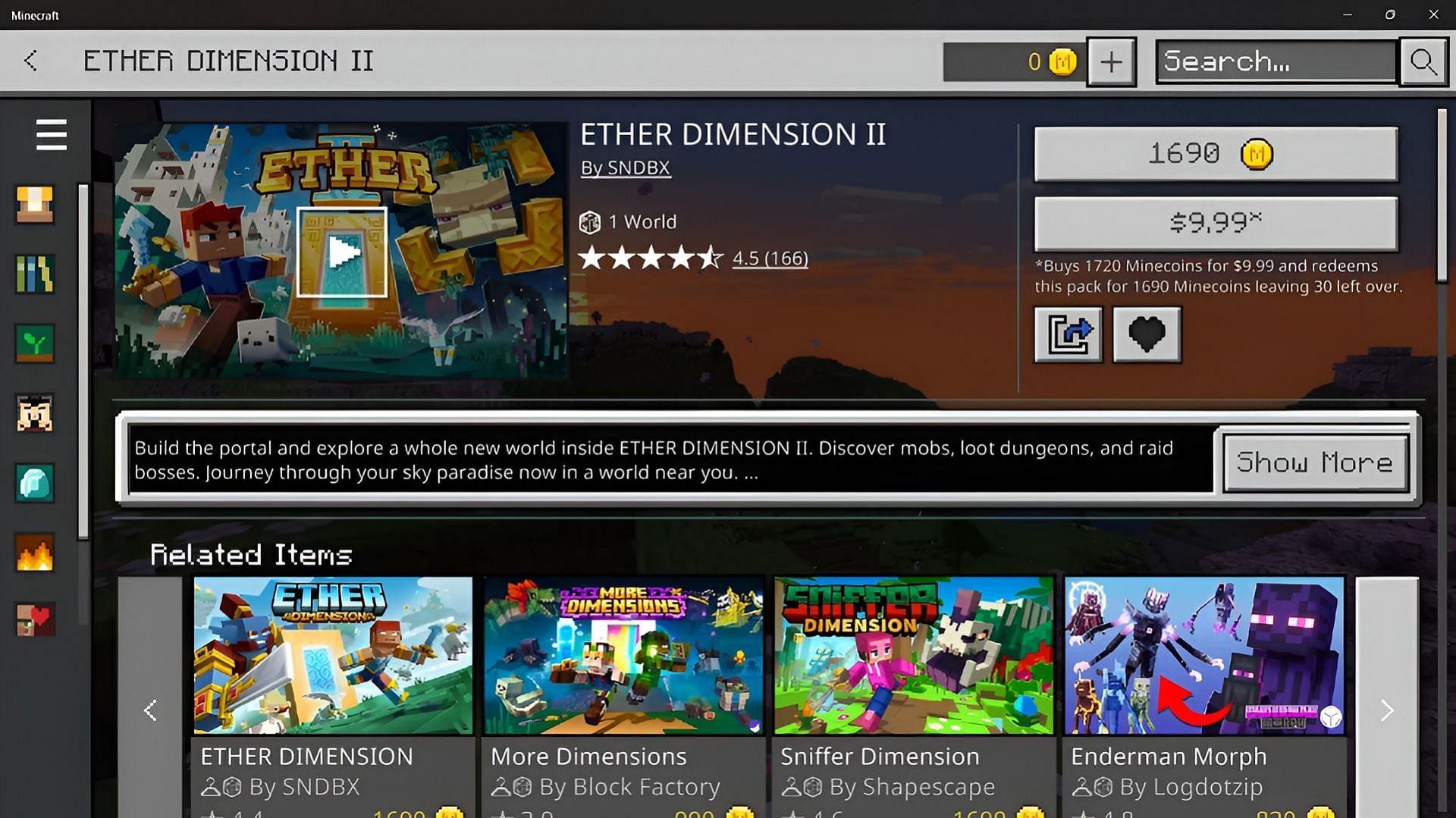A Minecraft Marketplace mod called Ether Dimension II with striking resemblance to the Aether Mod.