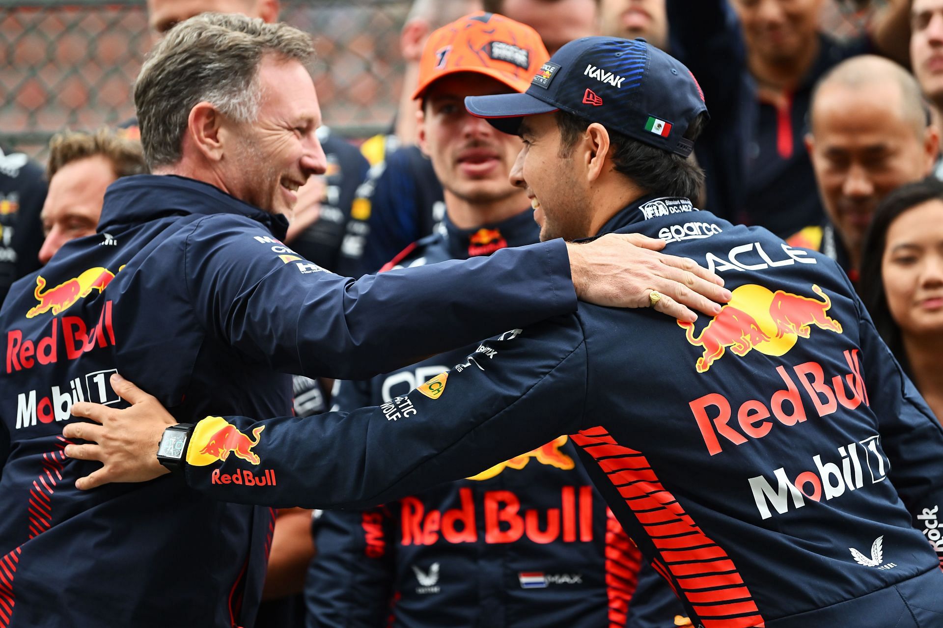 Horner with Perez and Max Verstappen