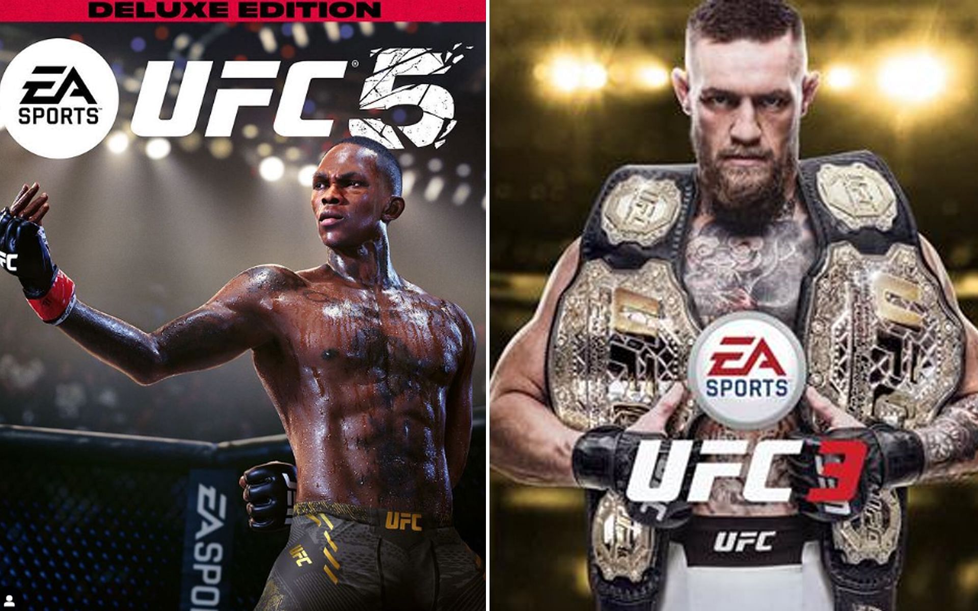 EA Sports UFC 5 cover [L] and UFC 3 cover [R] [Images via @easportsufc Instagram and EA Sports UFC 3 Wikipedia]