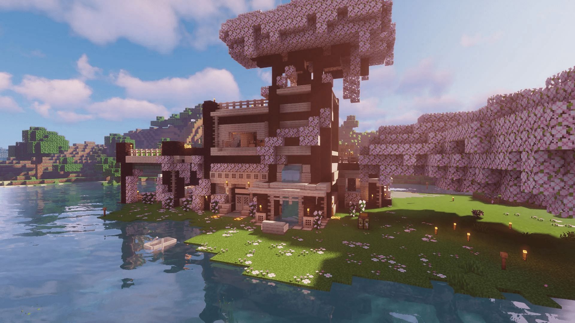 This base makes excellent use of Minecraft&#039;s latest wood type (Image via MarineMelonArt/Reddit)