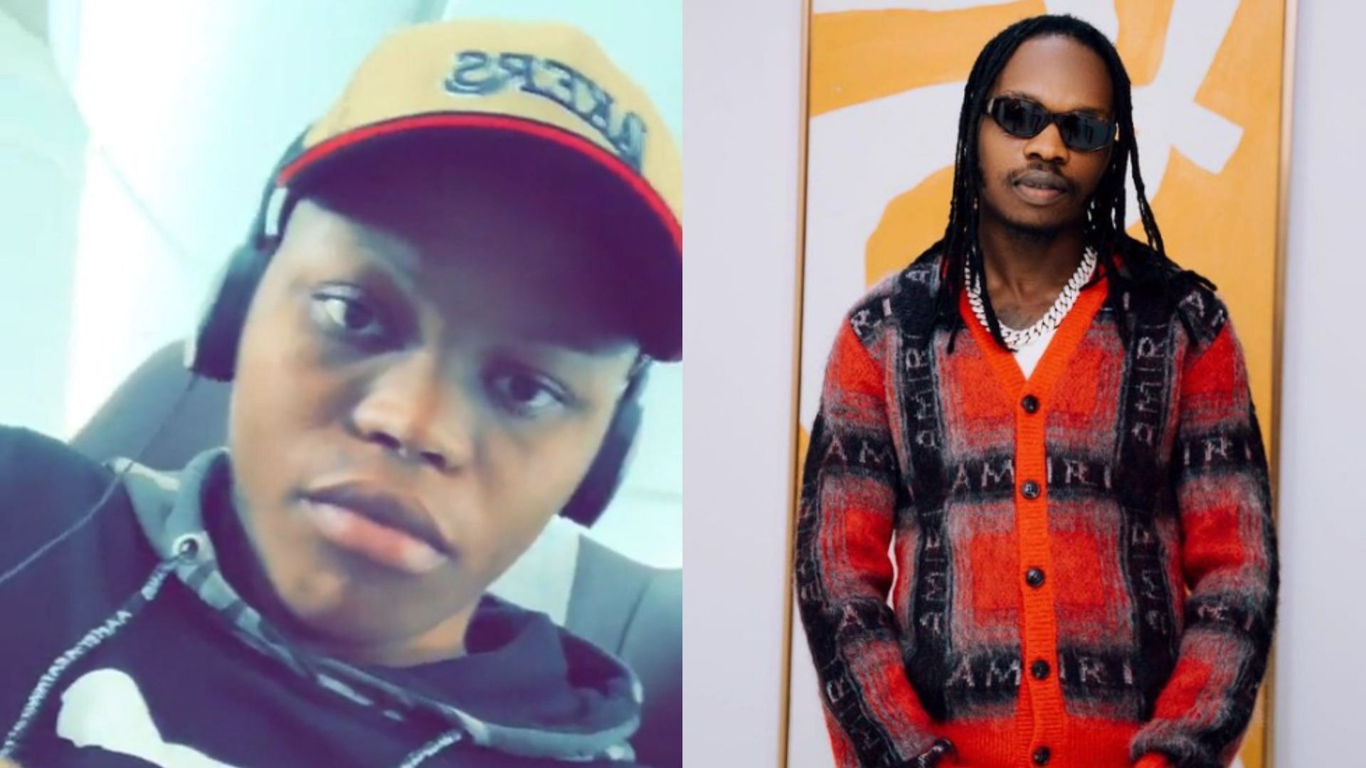 Former member of Marlian Records accuses Naira Marley of drugging him. (Image via X/@kriegjoness, Instagram/Naira Marley)