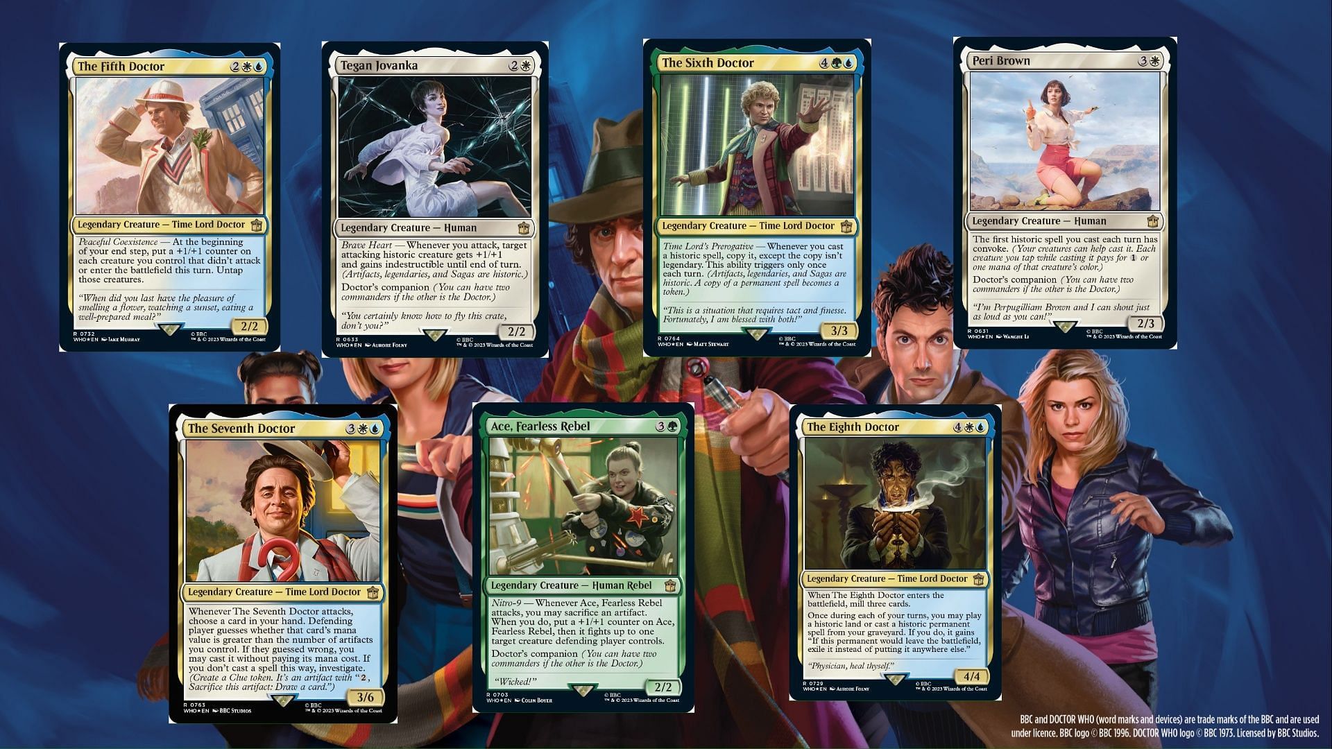 Doctors Five through Eight and their companions (Image via Wizards of the Coast)