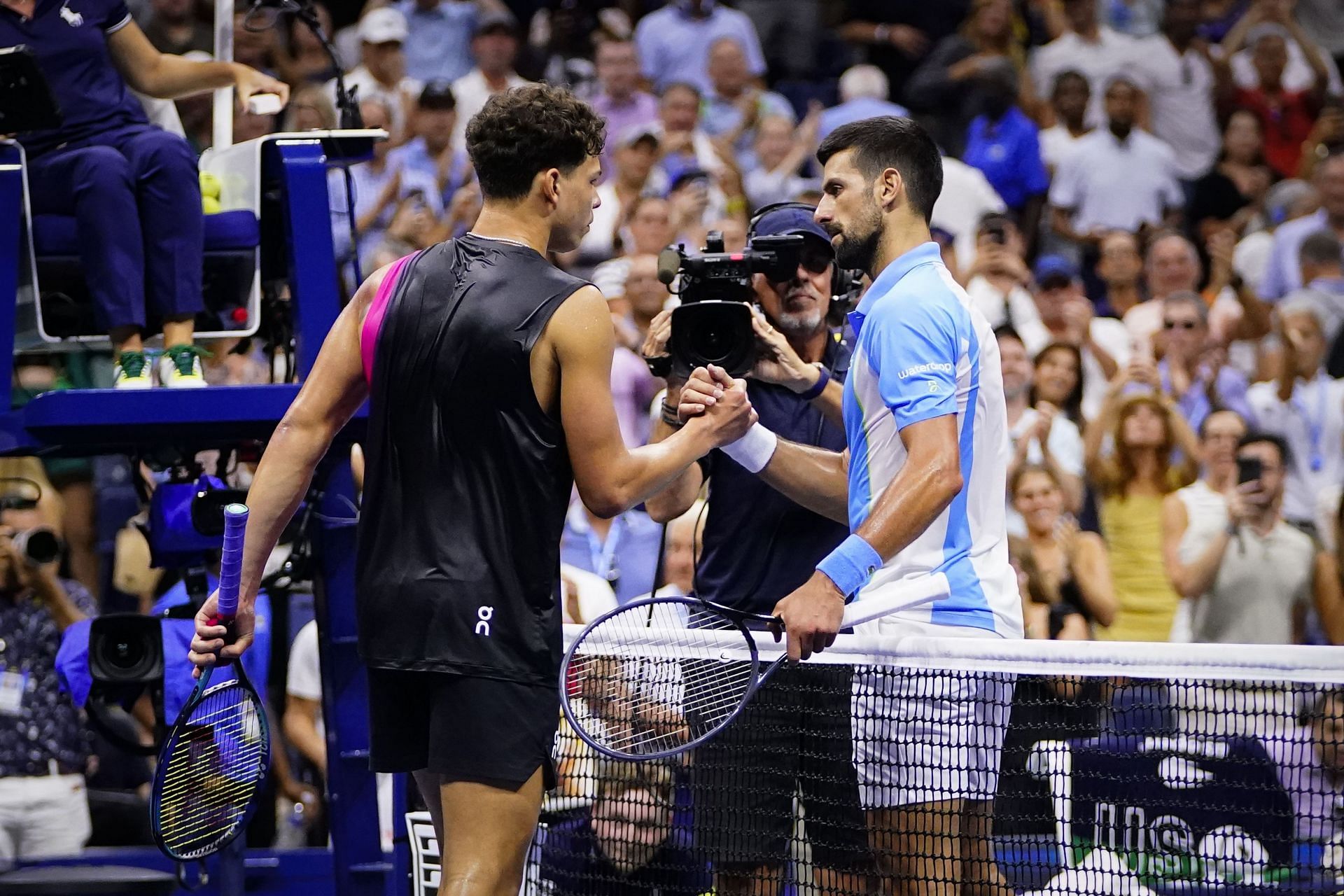 Ben Shelton and Novak Djokovic pictured after their US Open semifinal match.