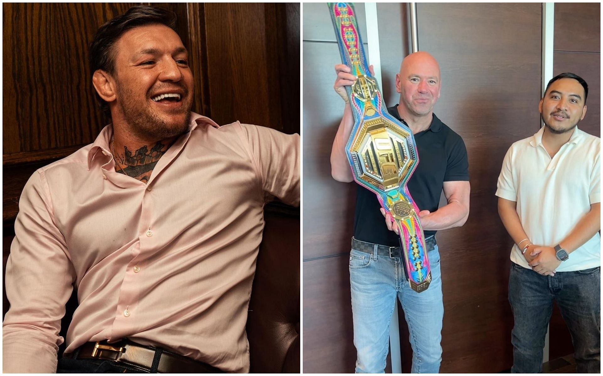 Conor McGregor and Dana White holding the custom Mexican belt