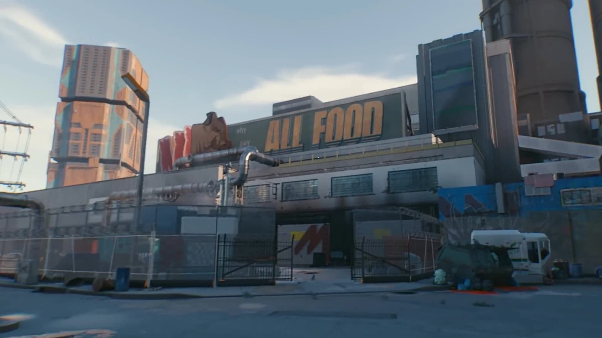 The All Food warehouse in Cyberpunk 2077 Phantom Liberty 2.0 (Image via CD Projekt Red)