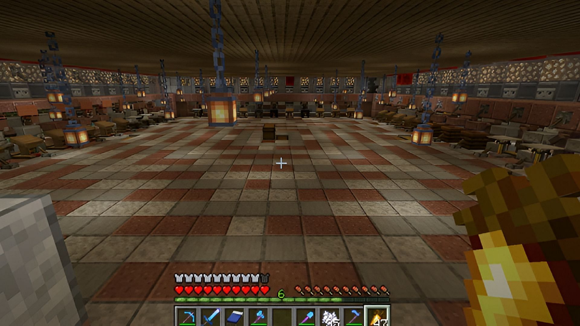 A player-created villager trading hall in Minecraft.