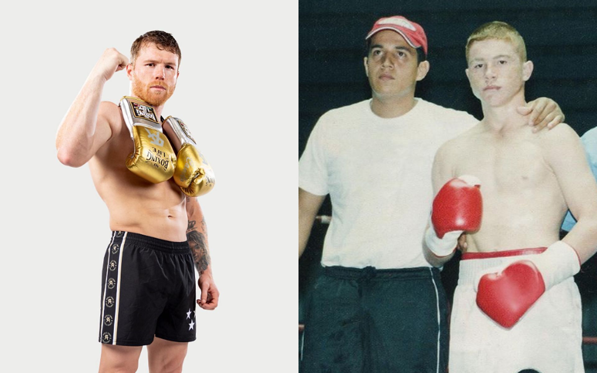 Canelo Alvarez now (left) and Canelo Alvarez with his coach during his teenage years (right) (Images via @canelo Instagram)