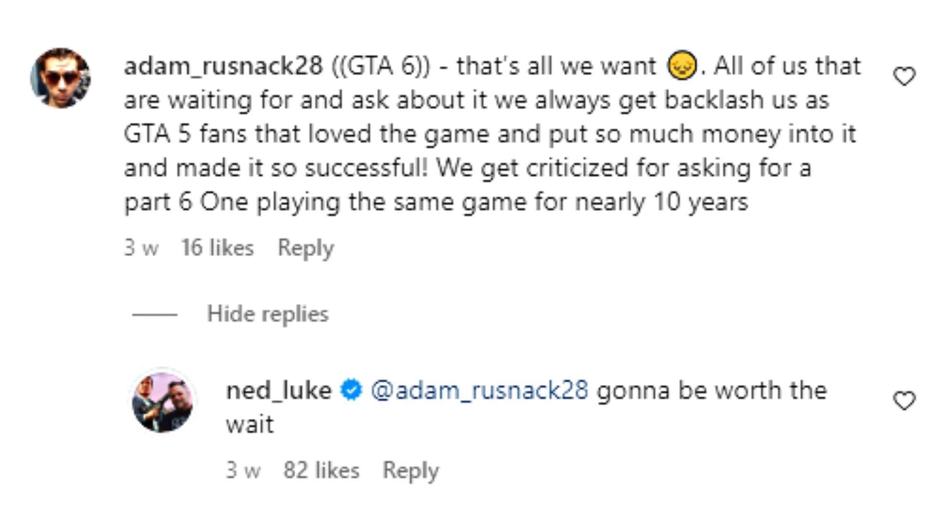 Ned Luke&#039;s reply to a fan (Image via Instagram: @ned_luke)