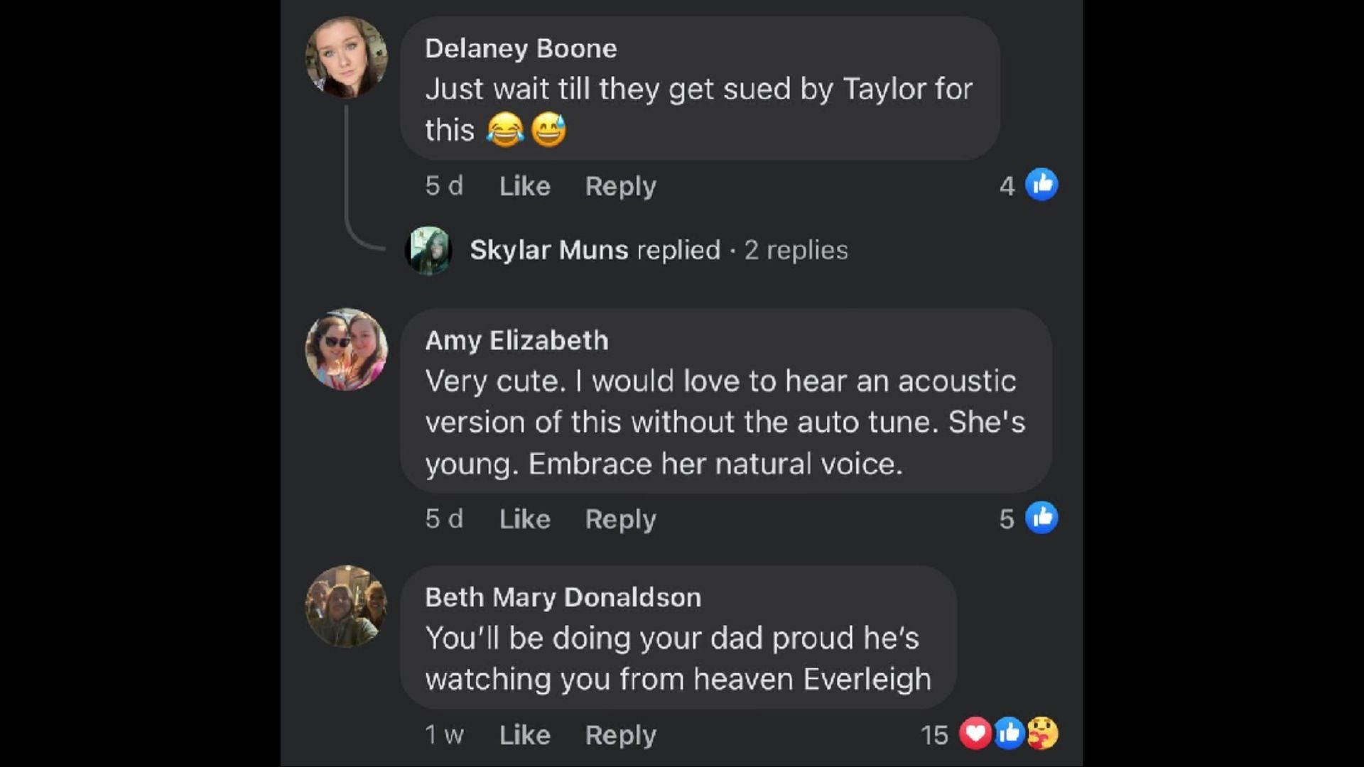 Screenshot of Facebook users remarking on LaBrant&#039;s new song, Like Taylor Swift. (Photo via @Zealand LaBrant/Facebook)