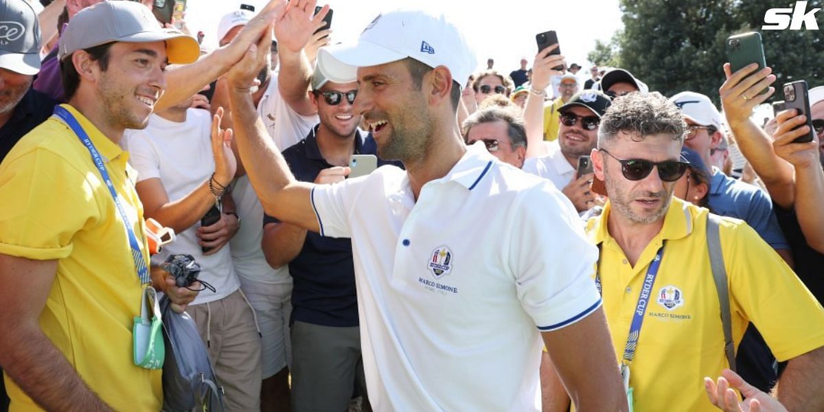 Novak Djokovic interacts with the crowd at the Ryder Cup All-Star game 