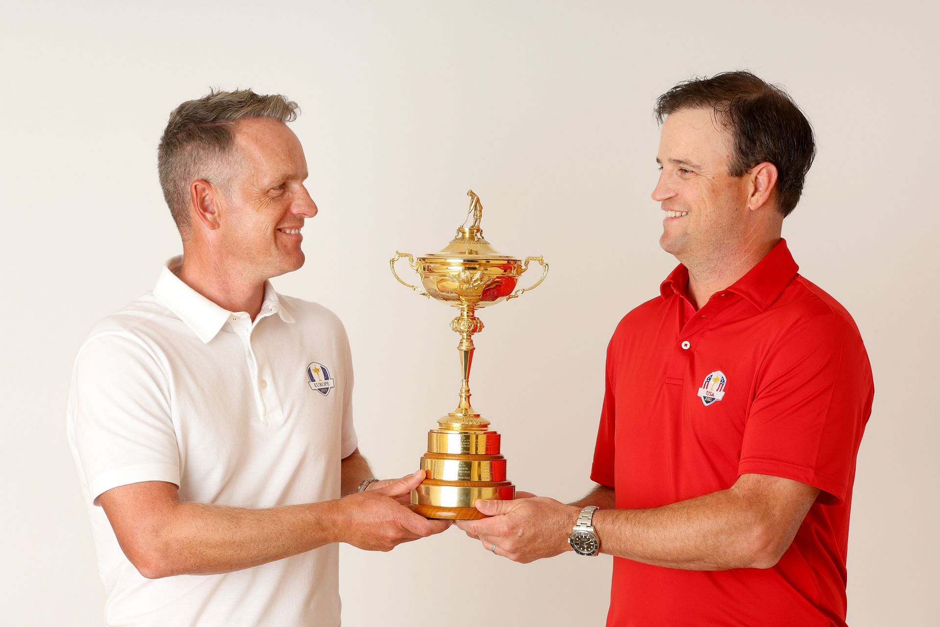 Team Captains Luke Donald and Zach Johnson pose for a photograph with the Ryder Cup Trophy during the Year to Go Media Event on October 4, 2022