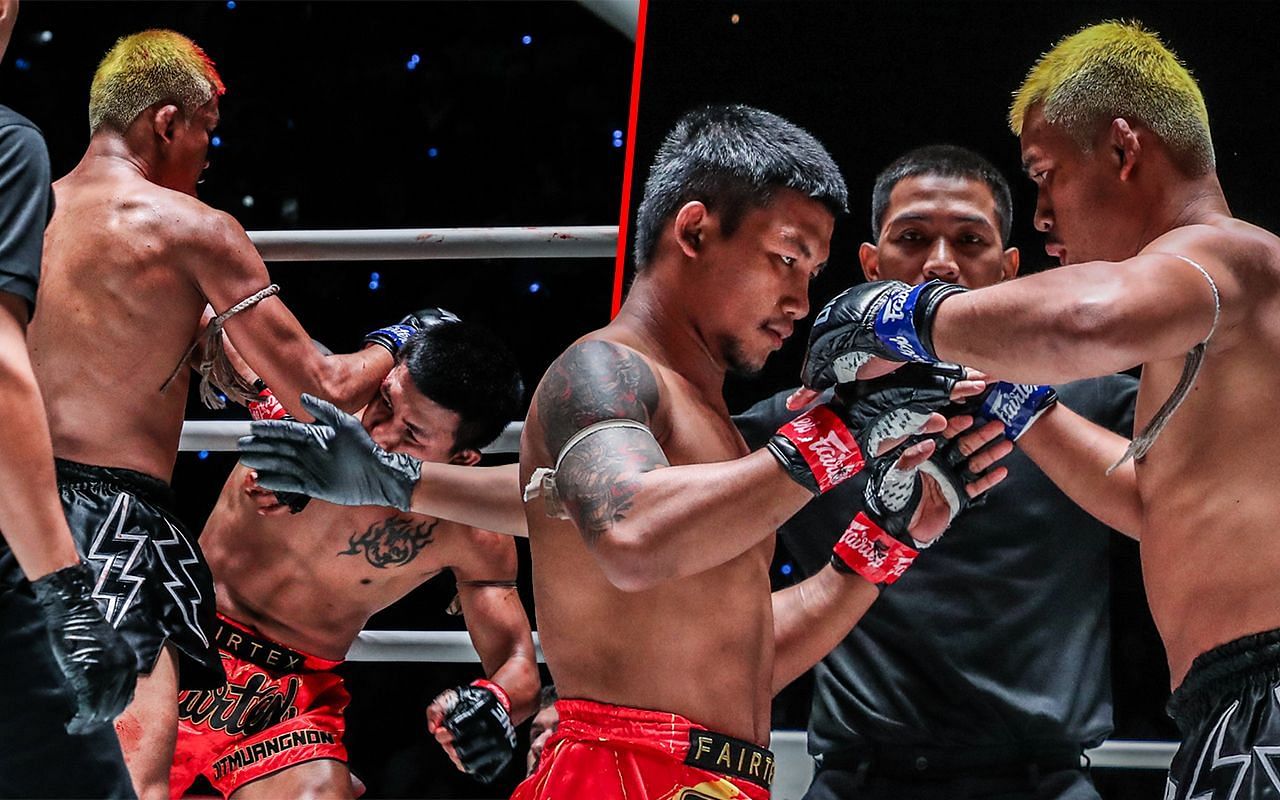 Superlek dropping Rodtang (left) and Rodtang and Superlek (right) | Image credit: ONE Championship