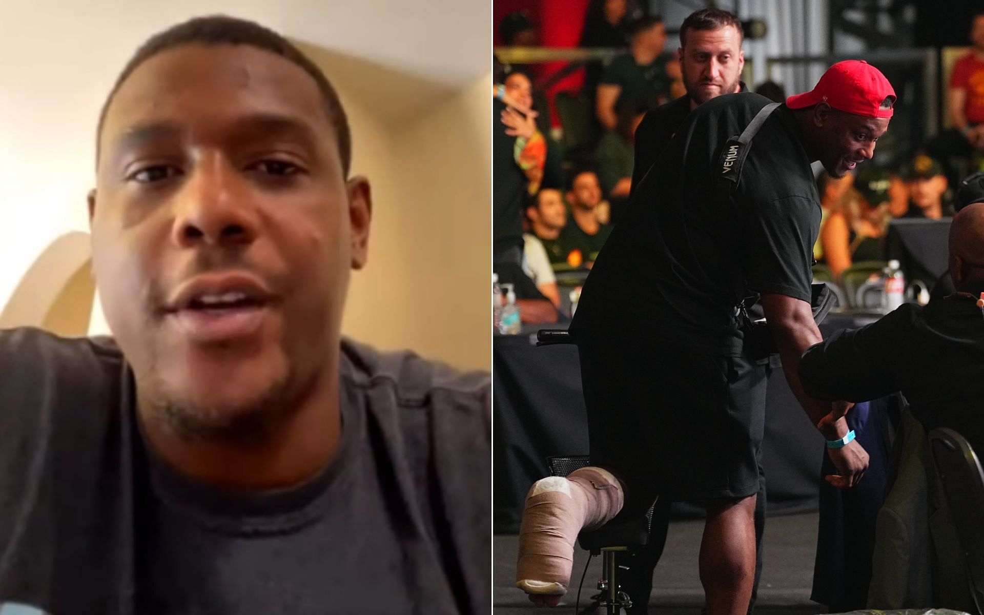 Jamahal Hill [Left], and Jamahal Hill at UFC APEX [Right] [Photo credit: Michael Bisping Podcast - YouTube, and @ufc - X]