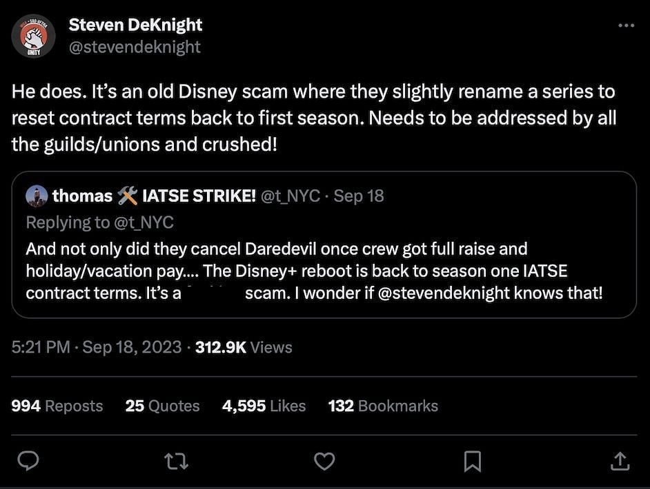 Steven DeKnight&#039;s tweet sheds light on concerns behind the Daredevil: Born Again reboot (Image via Twitter)