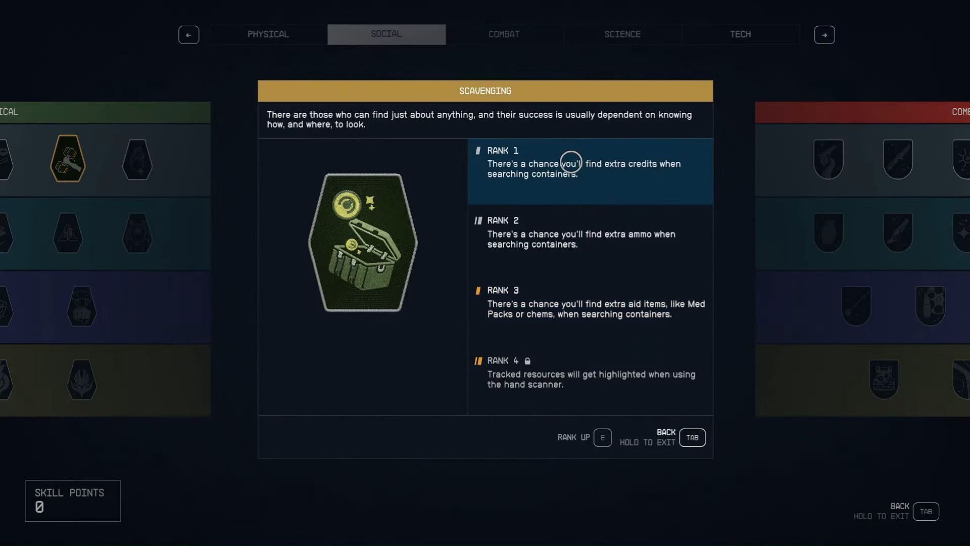 Scavenging Social skill on rank 1 (Image via Bethesda)