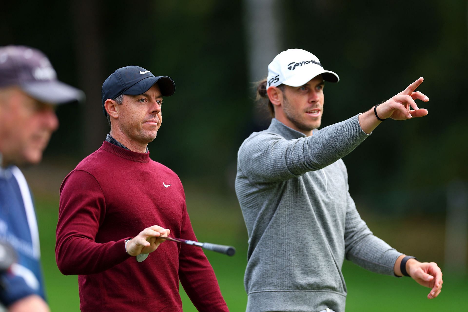 Rory McIlroy interacts with Gareth Bale during the Pro-Am prior to the BMW PGA Championship 2023