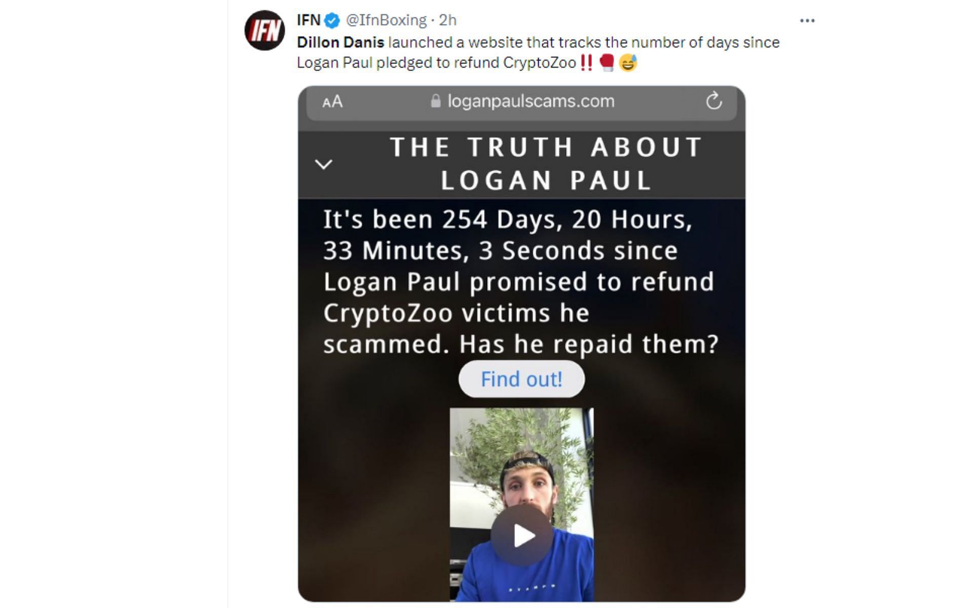 Tweet regarding Logan Paul website