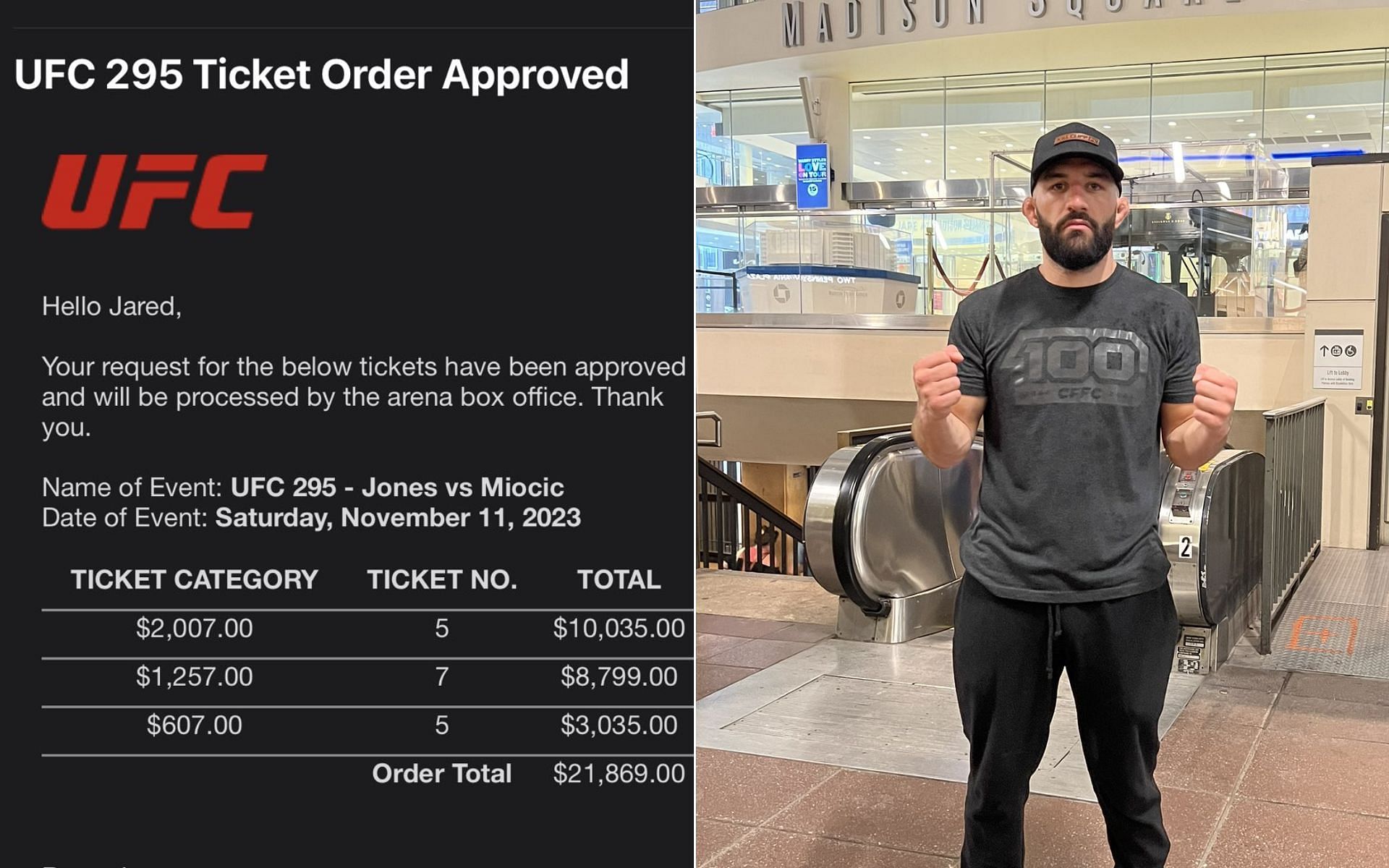 UFC 295 ticket receipt [Left], and Jared Gordon [Right] [Photo credit: @JFlashGordonMMA - X]