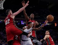 Bam Adebayo and <a href='https://www.sportskeeda.com/basketball/kevin-love' target='_blank' rel='noopener noreferrer'>Kevin Love</a> of the Miami Heat