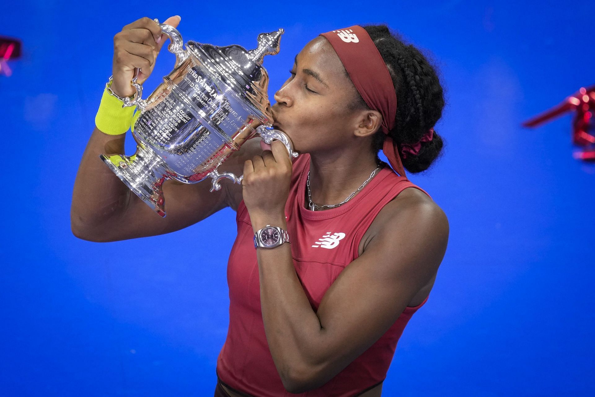 Coco Gauff after defeating Aryna Sabalenka in the women's singles final at the US Open Tennis in New York on September 9, 2023